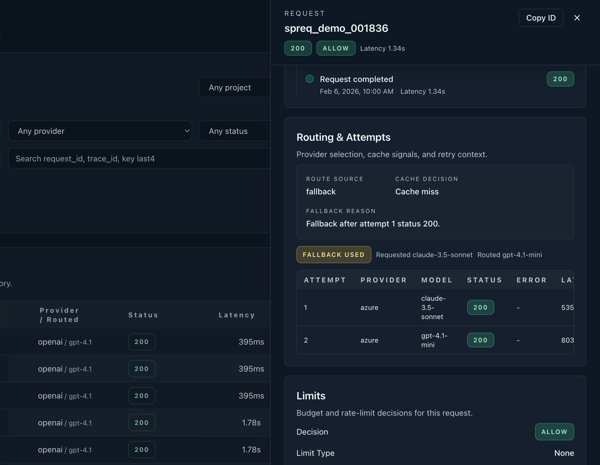 Request queue view showing routed AI traffic and execution states in Sentinel AI Gateway.